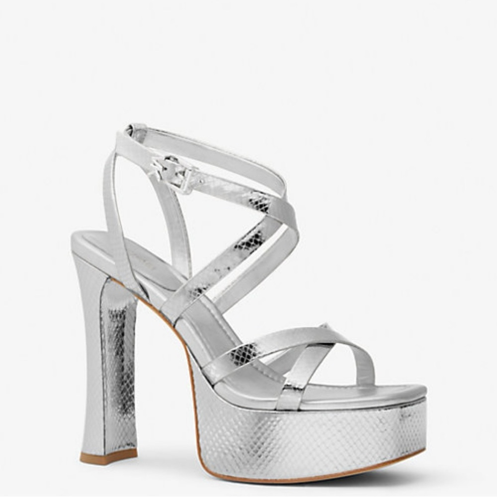 Michael Kors Paola Metallic Silver Snake Embossed Leather Sandal Platform Heels